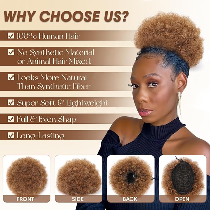 Human Hair Ponytail for Black Women #04 Medium Brown Small 4c Human Hair Kinky Curly Durable Natural Soft and Smooth Clip On Drawstring Ponytail