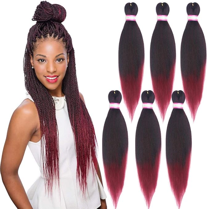 Dorsanee Ombre Burgundy Braiding Hair Pre Stretched 20 Inch 6 Packs Braiding Hair Extensions for Crochet Box Braids Twists Locs Hair Itch Free Soft Yaki Texture Hot Water Setting (20inch,#1B/Bug)