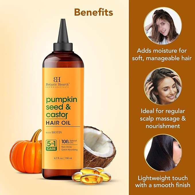 Botanic Hearth Hair Oil for Hair Growth & Home Hair Perm Kit | Strengthening Dry, Frizzy, Damaged Hair & Scalp Treatment | All Hair Types | Pumpkin & Castor Hair Oil - 6.7 Fl Oz