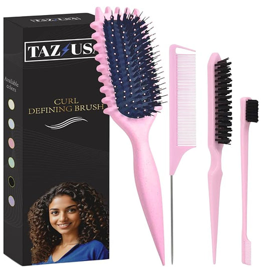Curl Defining Brush, Curly Hair Brush for Styling, Shaping, Detangling & Defining Curls for Women and Men, Curl Brushes for Curly Hair Work on all Wet or Dry Hair Types (Pink,4 Pcs Set)