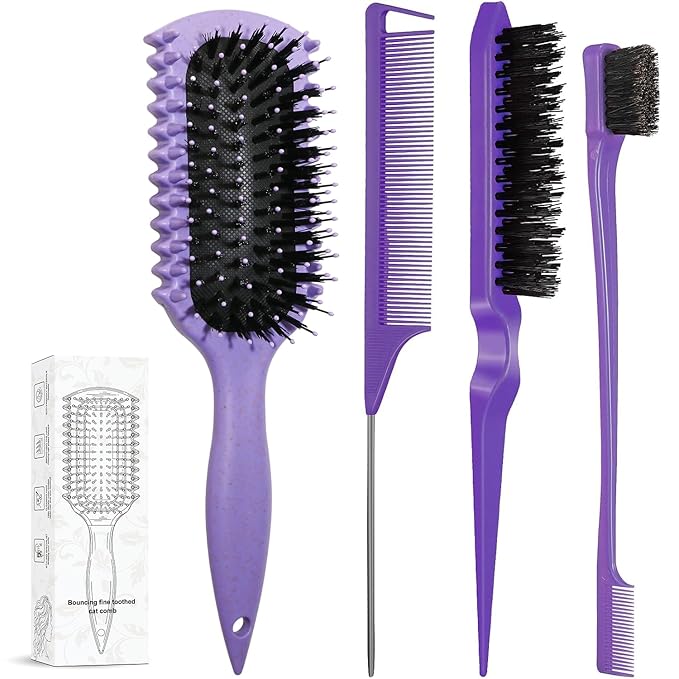 Curl Defining Brush, Curly Hair Brush Products With 3 Pcs Slick Back Hair Brush Set Bristle Brush Edge Control Teasing Comb for women (Purple)