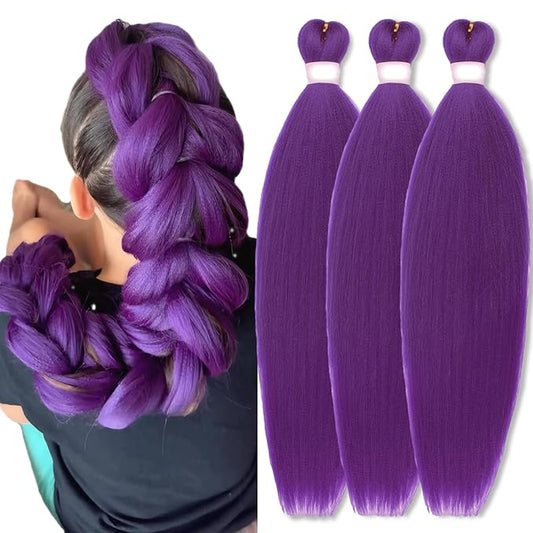 Purple Braiding Hair Pre Stretched 26 Inch Long Braiding Hair Extensions 3 Packs Soft Yaki Braiding Hair Natural Hot Water Setting(26Inch,Purple#)