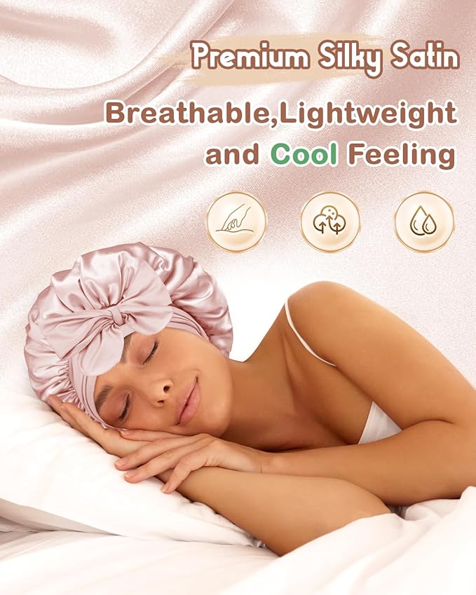 BONNET QUEEN Silk Bonnet for Sleeping Women Satin Bonnet Night Sleep Cap Wrap for Curly Hair with Adjustable Tie Band, Single Layer, Small, Cream Pink