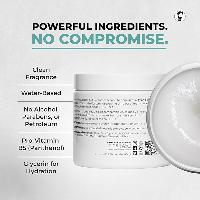 Gentlemen Republic 16oz Refined Hair Gel for Men - Premium Men's Hair Styling Product, 24 Hour High Hold & Shine. No Beeswax, Alcohol, or Parabens, Humidity Resistant