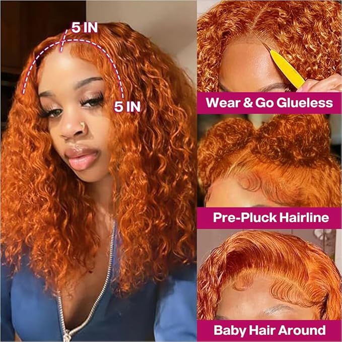Curly Bob Wig Human Hair Deep Wave 200% Density 5x5 HD Lace Closure Wigs Human Hair Bob Wigs For Black Women Wear And Go Glueless Curly Wig Ginger Color 14 Inch