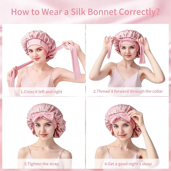 Silk Bonnet for Sleeping Women, 22 Momme 100% Mulberry Silk Sleep Cap with 2 Matching Silk Scrunchies, Double-Sided Wearable Hair Bonnet for Night Hair Care and All Hair Types - Pink