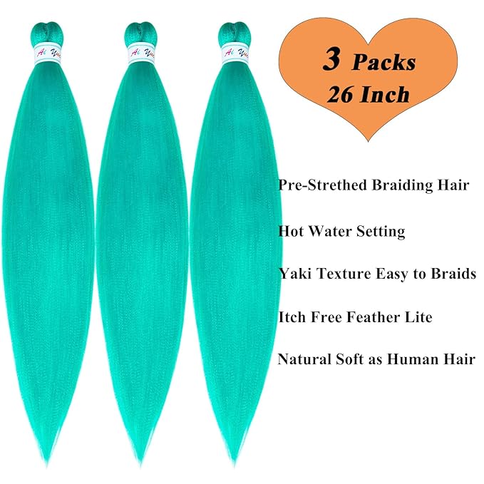 Mint Green Braiding Hair Pre Stretched Human Colored Hair Extensions for Braids 26 inch Prestretched Braiding Hair Kids Micro Box Braids (3 Packs)