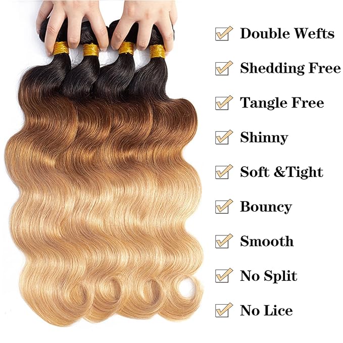 12A Ombre Body Wave Bundles Human Hair (T1B/30/27,18" 20" 22" 24") 100% Real Human Hair 3X Longer Lifespan 100% Unprocessed Ombre Brown Body Wave Human Hair Weave Bundles
