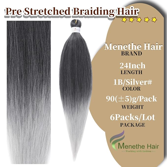 Ombre Braiding Hair 24 Inch Pre Stretched Braiding Hair Professional Hair Extensions 6 Packs Ombre Black to Gray Synthetic Crochet Hair Braids Yaki Texture Hair Braiding(24Inch,1B/Silver#)