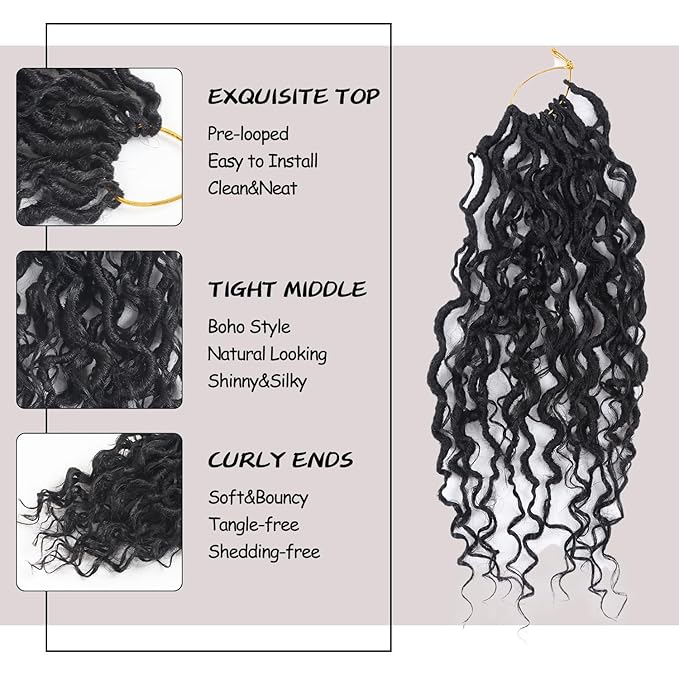 Goddess Locs Crochet Hair,Vemet 14 Inch 9 Packs Synthetic Faux Locs Crochet Hair for Black Women,River Locs Hair Extensions Boho Style Pre looped Faux Locs with Curly Ends