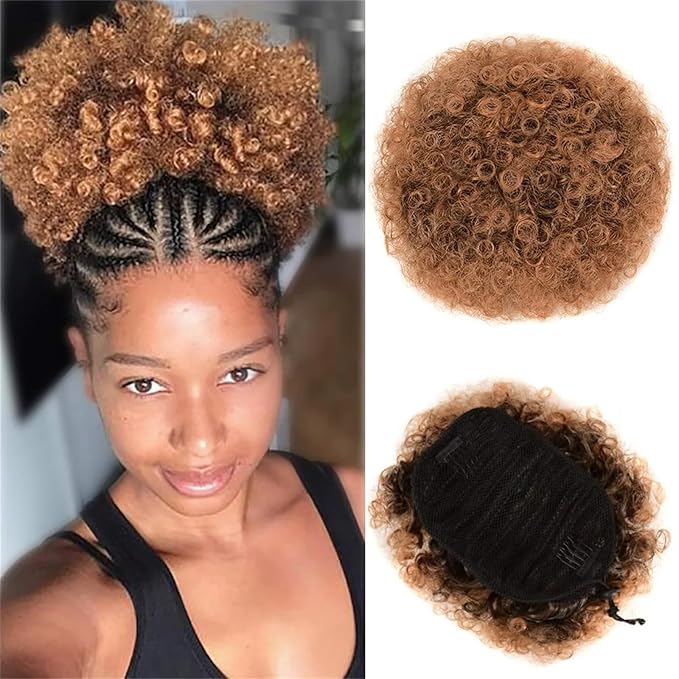 Afro Puff Drawstring Ponytail Extension for Black Women Girls, Human Hair Brown 4# Afro Kids Short Wigs 6 Inch Afro Puff Ponytail, Clip On Kinky Drawstring Curly Ponytail Messy Hair Bun Hairpieces