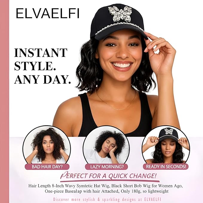 8-Inch Wavy Synthetic Hat Wig, Black Short Bob Wig for Women Ago, Baseball Cap with Hair Attached