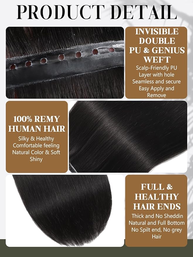 LOXXY Human Hair Extensions PU OVO Weft - Invisible Genius Extension Remy Human Hair With Holes - 22 Inch 100g Natural Black, Bead in Butterfly Extension Hair, 1PCS Weft Width 31.5"(80cm)