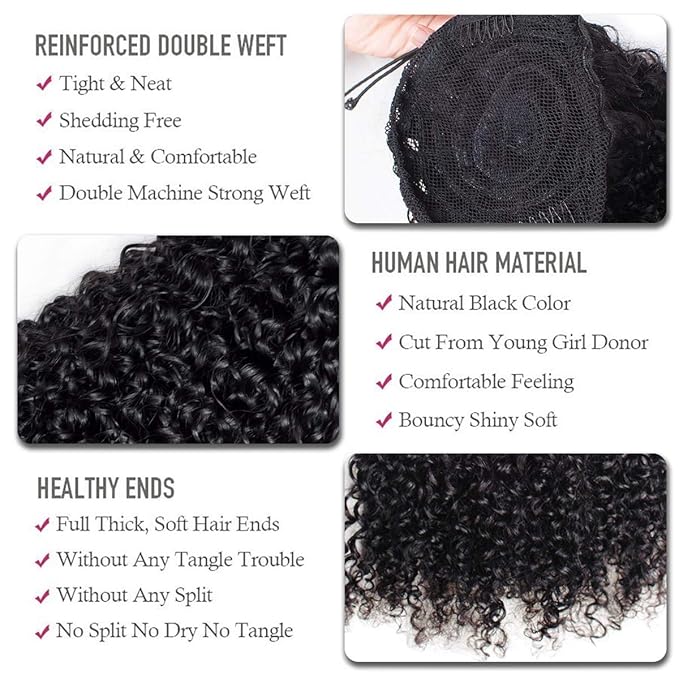 WENYU Kinky Curly Human Hair Drawstring Ponytail For Black Women 8A Brazilian Virgin Kinkys Curly Clip In Ponytail Extension Human Hair Pieces Natural Black (14 Inch, Kinky Curly Drawstring)