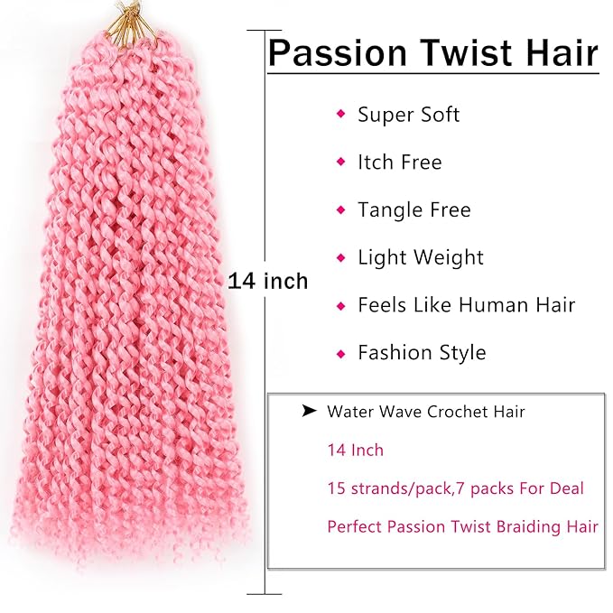 Pink Passion Twist Hair,14 Inch 7 Packs Water Wave Crochet Hair Curly Wrapping Braiding Hair For Passion Twist Crochet Hair/Butterfly Locs/Spring Twist Crochet Hair Braids (14in,7pcs,pink#)