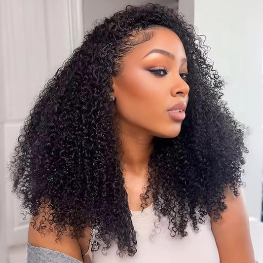 22 Inch Half Wig Human Hair 250% Density Kinky-Curly Glueless Wigs Human Hair Intall Flexible 3 In 1 Half Wig Adjustable String Flip Over Seamless Invisilbe Hairline Beginner Friendly