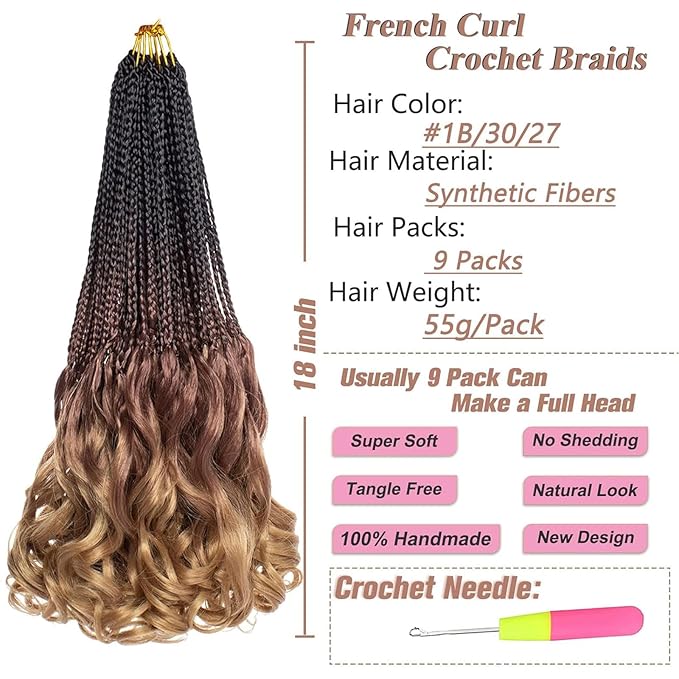 9 Packs French Curl Crochet Braids 18 Inch Ombre Brown Honey Blonde Goddess Box Braids Pre Looped Crochet Hair Synthetic Bouncy French Curly Braiding Hair for Women