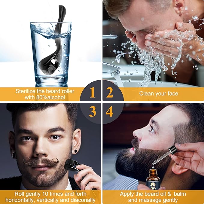 Jurgen K Beard Growth Kit, Upgraded Beard Growth Oil (2Oz) w/Biotin & Castor Oil, Beard Massager for Patchy/Spot Beard, Beard Kit for Men's Daily Grooming, Birthday Gifts for Him Boyfriend Husband