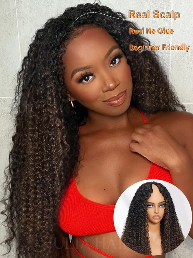 Julia Hair EasiContour V Part Curly Wigs Human Hair 12A Ombre Black to Chestnut Brown Glueless Wigs Clip in Vpart Wig No Leave Out Upgrade U Part Wig Beginner Friendly Ready to Go 16 Inch