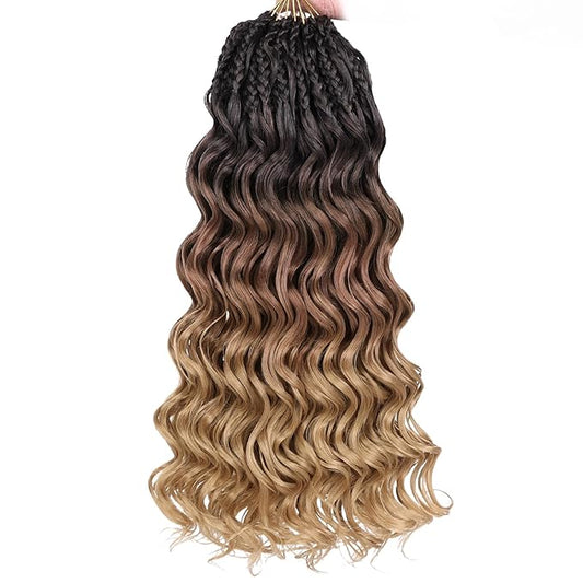 Leeven 14 Inch Pre Looped Ocean Wave Crochet Hair 8 Packs Short Curly Crochet Hair Ombre Brown to Blonde Boho Ocean Braids Pre Twisted Deep Wavy Synthetic Hair for Women