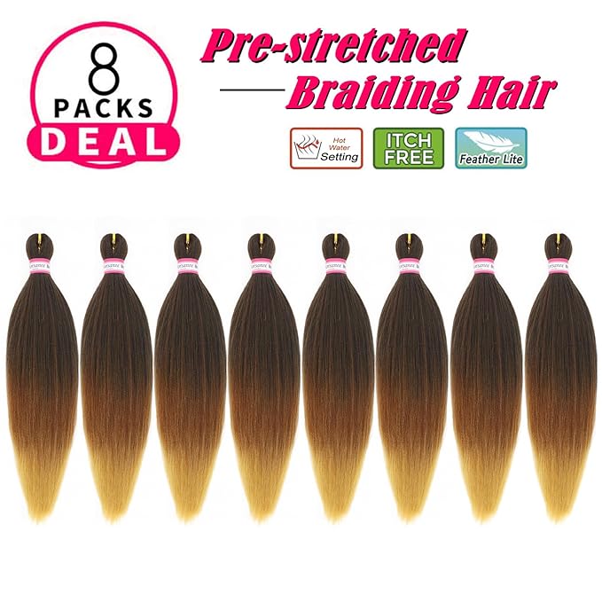 3 Tone Pre-stretched Braiding Hair Synthetic Braids Professional Hair Extensions for Braiding 20 Inch Yaki Texture Straight Ombre Brown Blond Color Mixed Crochet Twist Hair 8Pcs/lot (#1B/30/27)
