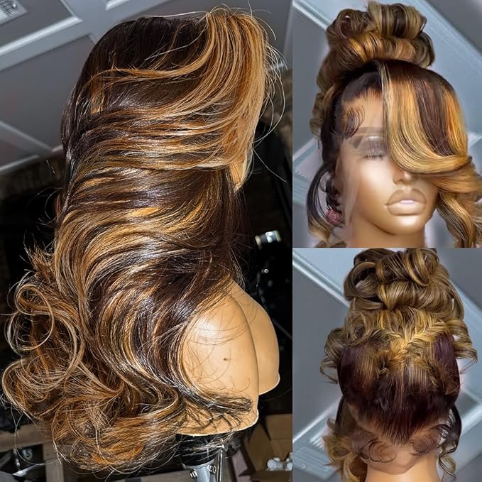 MEGOOD 13x6 Honey Blonde Wig Human Hair 4/27 Colored Wigs HD Transparent 13x6 Body Wave Lace Front Wigs Pre Plucked For Women 200 Density Highlight Ombre Lace Front Wig Human Hair Glueless Wigs