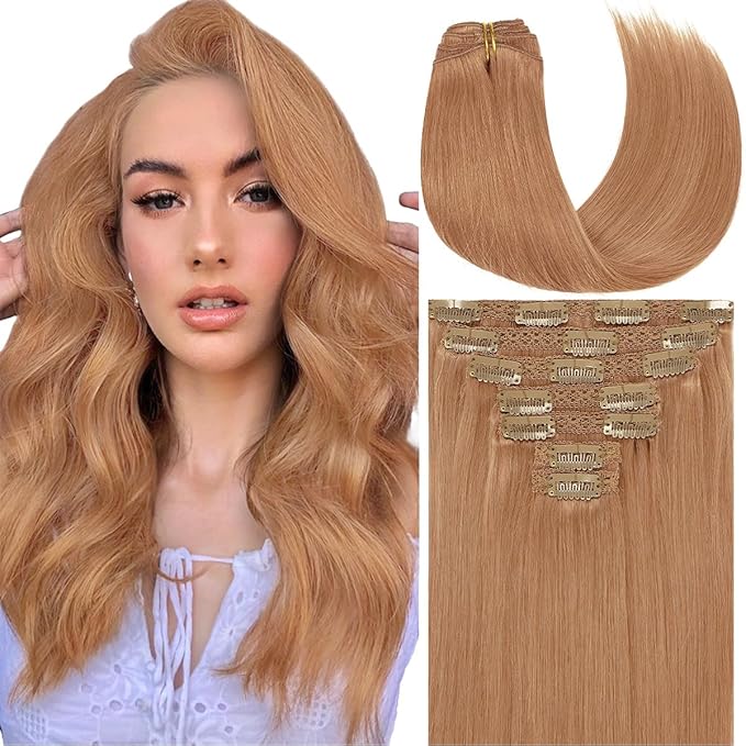 Caliee Clip in Hair Extensions Human Hair Invisible Color Auburn Brown Human Hair Clip in Extensions Full Head Thick Ends Real 20 Inch 7 Pcs 140 G Natural Straight