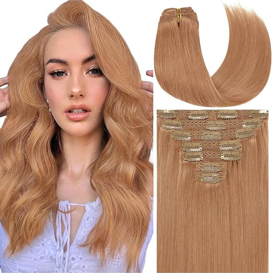 Caliee Hair Extensions Clip in Human Hair Auburn Brown Seamless Invisible Double Weft Lace Clip in Human Hair Extensions Thick Ends for Full Head 140g 22inch