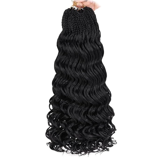 Leeven 18 Inch Pre Looped Ocean Wave Crochet Hair 8 Packs Black Long Curly Crochet Hair Boho Ocean Braids Pre Twisted Synthetic Deep Wavy Crochet Braids for Women
