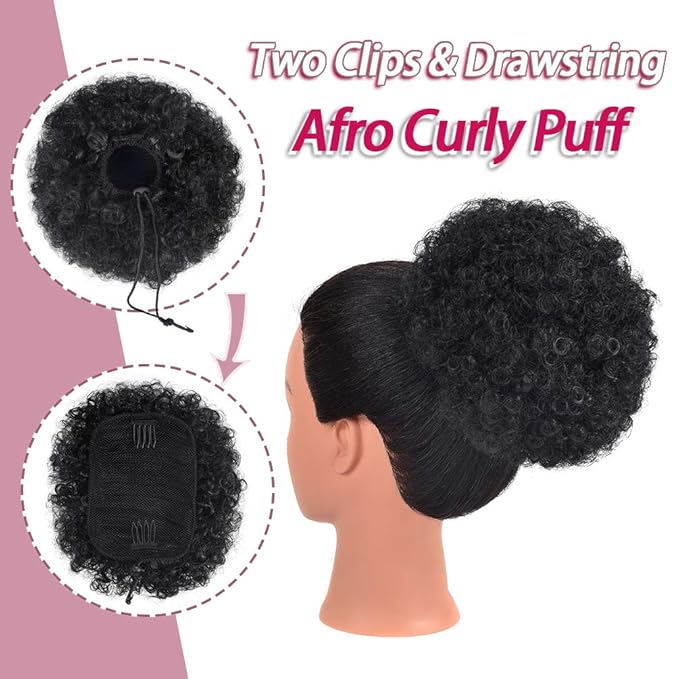 rosmile Afro Puff Drawstring Ponytail Extension for Black Women, Premium Black 1B# 80gram Short Synthetic Afro Puff Ponytail for Natural Hair,Clip On Kinky Drawstring Curly Ponytail Bun