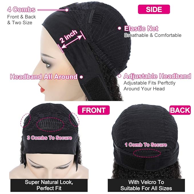 Eooma Glueless Wigs Human Hair Headband Wig Human Hair Half Wig for Black Women (18 inch) Briazilian Curly Scarf Wig No Gel Remy Hair None Lace Front Machine Made Wigs Human Hair