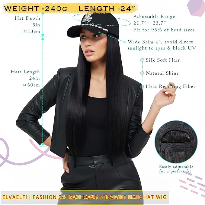 Hat with Hair 24-Inch Long Black Straight Wig, Cap with Synthetic Black Hair Extensions Hat Wigs for Women