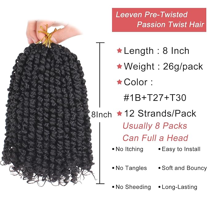 Leeven 8 Inch Passion Twist Crochet Hair 8 Packs (6 Packs #1B+1 Pack T27+1 Pack T30) Short Bomb Pre-Twisted Passion Twist Mixed 3 Color Combo Pack Synthetic Hair For Women Kids