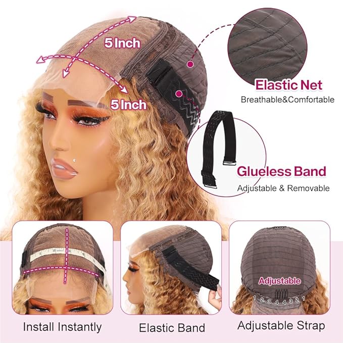 Curly Bob Wig Human Hair Deep Wave Glueless Wigs Human Hair Pre Plucked Pre Cut 5x5 Wear And Go HD Lace Closure Wigs Human Hair For Black Women 200% Density Highlight Color 12 Inch