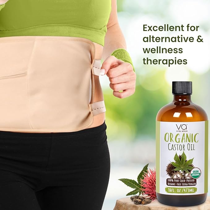 VITAL AFFAIR Pure Castor Oil Organic Cold Pressed Unrefined Glass Bottle-USDA Certified for Castor Oil Pack Wrap for Face,Hair Growth,Eyelashes,Eyebrows-16oz