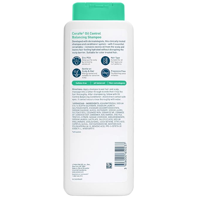 CeraVe Oil Control Balancing Shampoo, Clarifying Shampoo With Ceramides & Hyaluronic Acid, Removes Oil and Leaves Hair Feeling Hydrated, For All Hair & Scalp Types, Sulfate Free & Color Safe, 12 oz