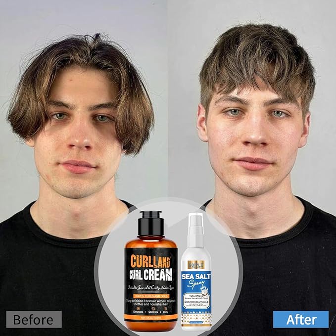 Curl Cream for Men Hair Styling Cream For Wavy and Curly - Mens Curly Hair Products Defines Curls, Tames Frizz, Adds Smoothness and Texture for Curl Without Crispiness - Sea Salt Spray Hold Beach Easy
