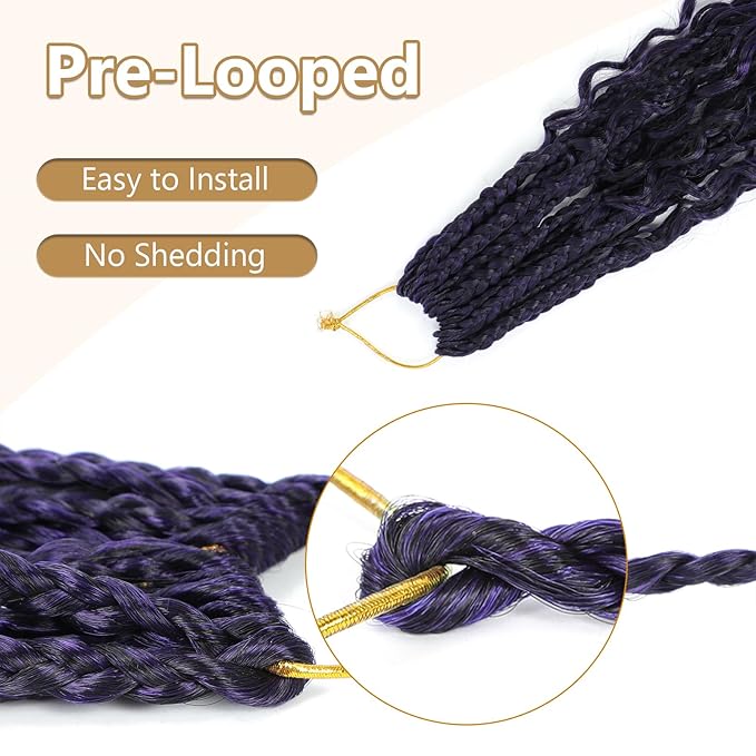 14Inch Crochet Box Braids Hair -8 Packs Goddess Box Braids Crochet Hair Bohemian Curly Crochet Hair Pre-looped Crochet Hair for Black Women(1B/Purple)