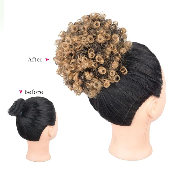 Afro Puff Ponytail for Black Women Culy Wavy Short Drawstring Ponytail Hair Extension Synthetic Mini Afro Bun(1B-27#)