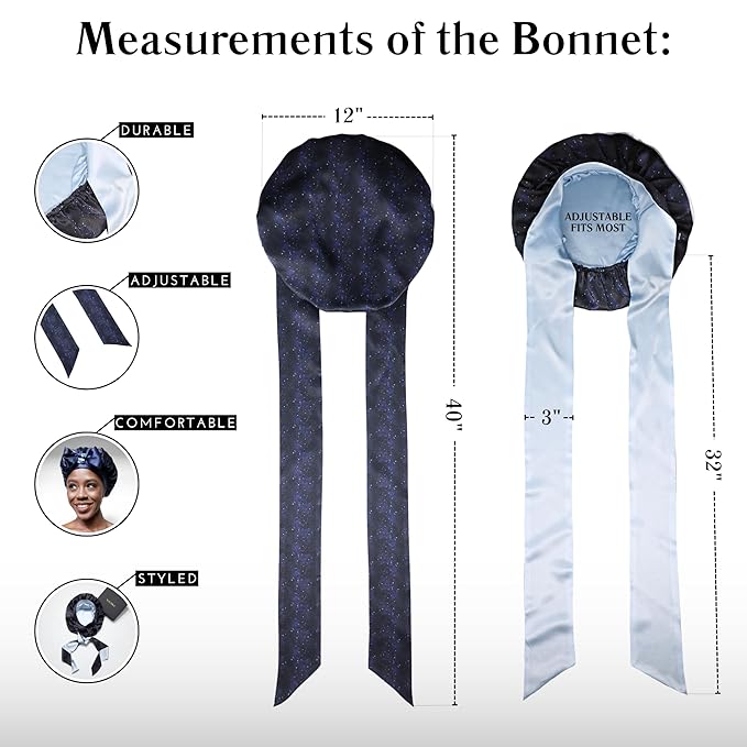 100% Mulberry Silk Bonnet for Sleeping Women, Handmade in USA 19 Momme Double Layer Reversible Silk Hair Wrap with Adjustable Ties, Non-Slip Sleep Cap for Curly & Natural Hair (Midnight)