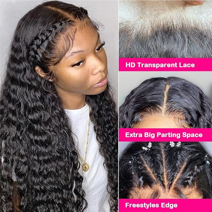 Water Wave 13x6 HD Transparent Lace Front Wigs Human Hair Pre Plucked Deep Wave Glueless Wigs Human Hair 180% Denisty Lace Frontal Wigs Human Hair for Women Natural Black Color 22 Inch