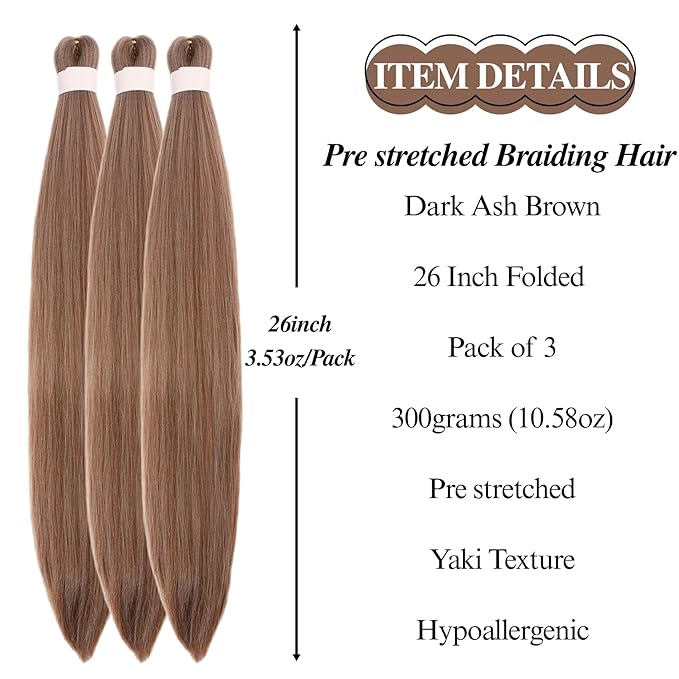 Ash Brown Braiding Hair Pre stretched 26 Inch Synthetic Long Hair Extensions for Braiding Yaki Knotless Ez Braids