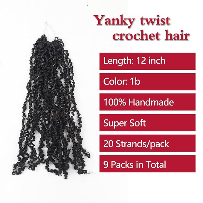Yanky Twist Crochet Hair, PILLUGER Yaki Twists Hair Micro Spring Twist Braids,9 Packs Pre-looped passion Twist Brown Senegalese With Curls Crochet Synthetic Hair Extensions(1B)
