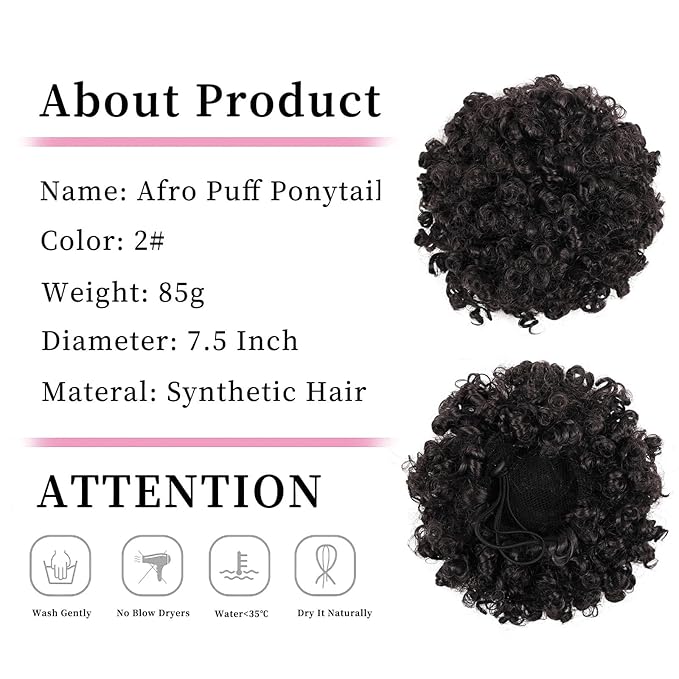 Afro Puff Ponytail for Black Women Culy Wavy Short Drawstring Ponytail Hair Extension Synthetic Mini Afro Bun for Girls Kids(2#)