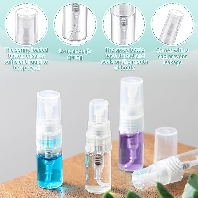 Zhehao 100 Pcs Mini Spray Bottles 2 ml Clear Glass Perfume Bottles Refillable Fine Mist Perfume Atomizer Portable Empty Sample Containers for Cleaning, Essential Oils, Travel (Clear Cap)