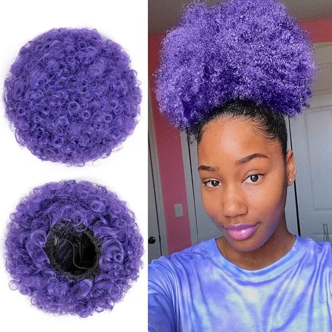 rosmile Afro Puff Drawstring Ponytail Extension for Black Women, Premium Purple 80 Gram Short Synthetic Afro Puff Ponytail for Natural Hair, Clip on Kinky Drawstring Curly Ponytail Bun