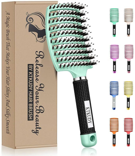 KTKUDY Detangling Brush Boar Bristles HairBrush Make Hair Shiny & Healthier Curved and Vented Detangler Brush for Women Men Kids Wet and Dry Hair (Turquoise)
