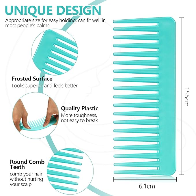 Patelai Large Hair Detangling Comb Wide Tooth Comb for Curly, Thick Hair Wet or Dry, No Handle, Anti-static, Plastic, Unisex, Cyan, Rose Red