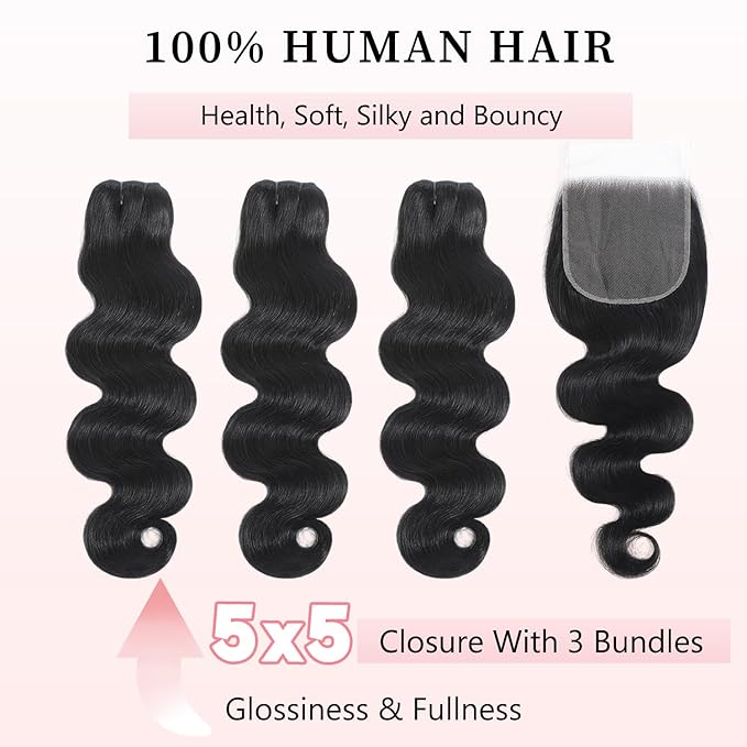 12A Human Hair Bundles with Closure Body Wave Bundles 20 22 24+18 Inch 5X5 HD Lace Closure Human Hair 100% Brazilian Virgin Hair Extensions 3 Bundles Deals Hair Quick Weave Bundle for Women