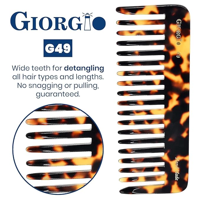Giorgio G49 Yellow Tokio Large Wide Tooth Detangler Comb for Thick/Curly/Wavy Hair,Detangler Comb for Wet/Dry Use. Handmade of Quality Cellulose, Saw-Cut, Hand Polished